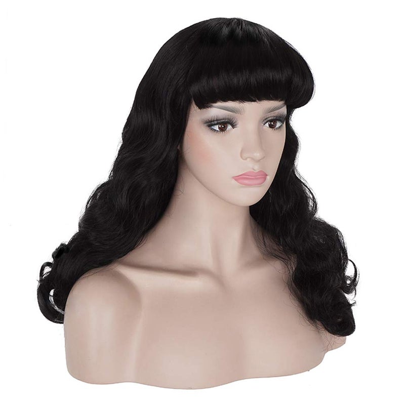 morvally 50s Vintage Medium Length Black Wigs with Bangs | Natural Wavy Synthetic Hair Wig for Women Cosplay Halloween - Image 2